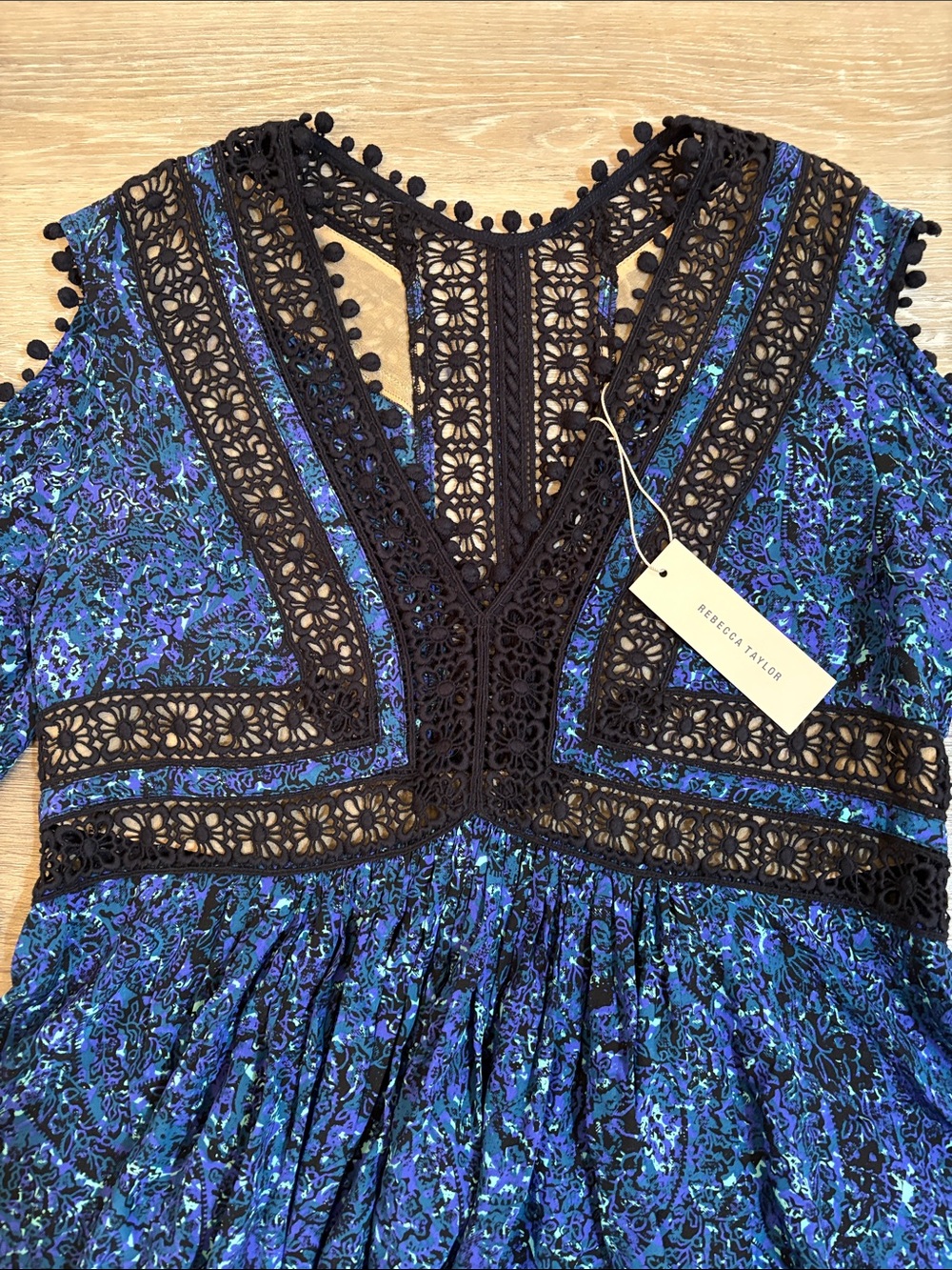 NWT Rebecca Taylor Blue Floral Printed Black Crochet Lace-Pom PomTrim 100% Silk - Picture 3 of 13